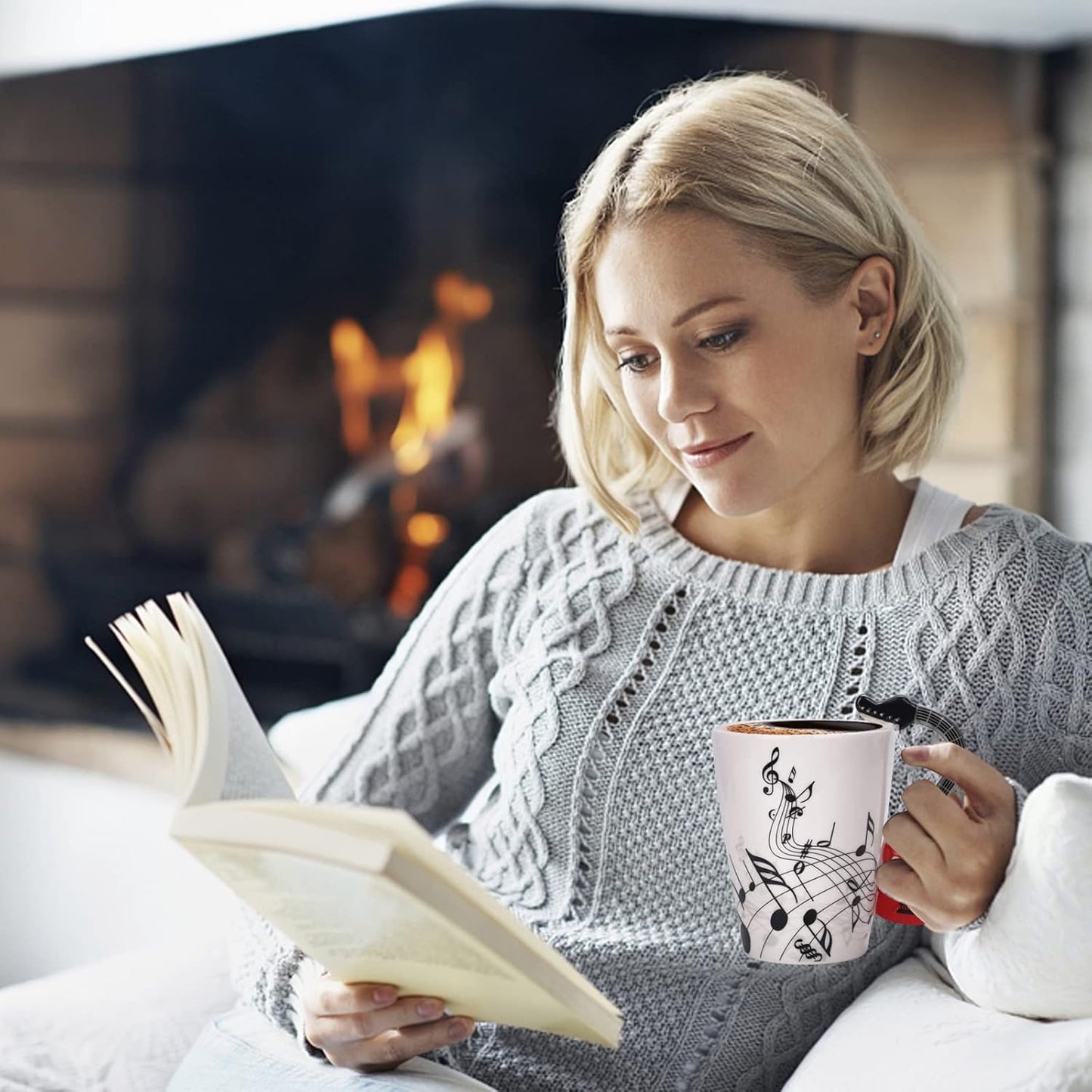 12.9 Oz Guitar Ceramic Mug - Music Note Tea Coffee Milk Cup Mug Gift for Guitar Players, Musicians, Women, Men, Friends, Teachers, Red